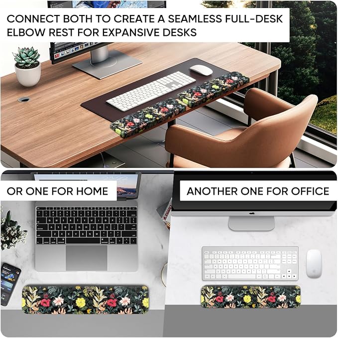 JIKIOU L-Shaped Desk Elbow Pad for Desk,Memory Foam Elbow Support Pad 2Pack | Massage Design, 14.9inch is 20% Longer for Comfort, Non-slip Rubber Base, Ergonomic Cushion for Pain Relief, Black Flowers - Image 2