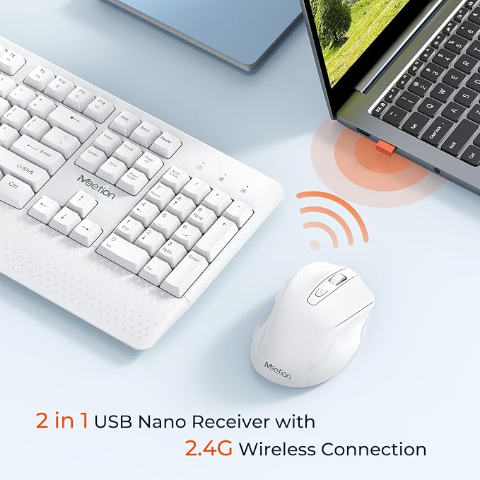MEETION White Wireless Keyboard and Mouse Combo, Full-Size with Wrist Rest - Image 2