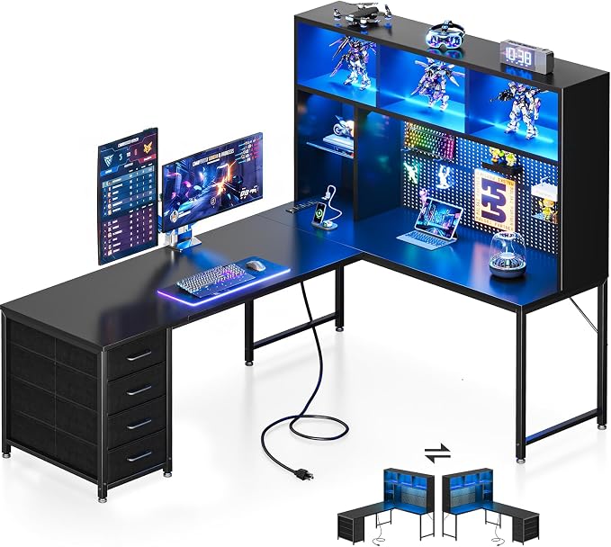 AODK 63" L Shaped Desk for Gaming and Working，Black | PC Desk with Hutch, Pegboard & Shelves, 4 Drawers, Integrated LED Light Strip & Power Outlets, Reversible by AODK