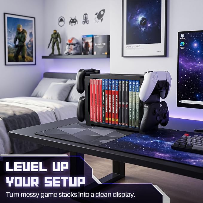 TNP Video Game Storage Tower for PS5, 15 Game Cases, 4 Controllers, Black - Image 2