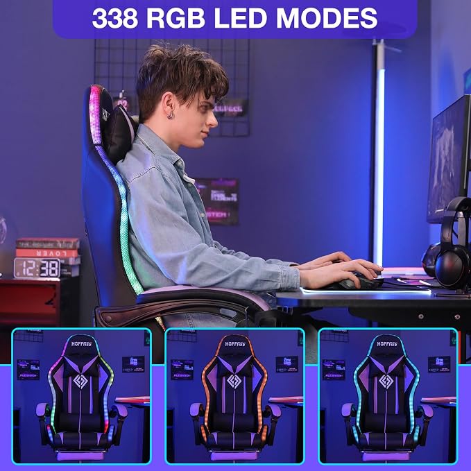 RGB Gaming Chair with LED Lights Massage Ergonomic Computer Chairs-Purple | High Back Video Game Chair with Footrest & Adjustable Lumbar Support Gamer Chairs for Adults Racing Style Recline - Image 4