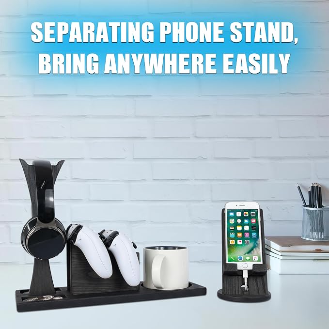 Unique Gift for Gamers, Game Room Decor. Unique Gaming Organizer with Headset Holder, Rotatable Phone Stand & Controller Stand. Wooden Gaming Gadget for Gaming Desktop, Streamer, Teenage Boy - Image 4