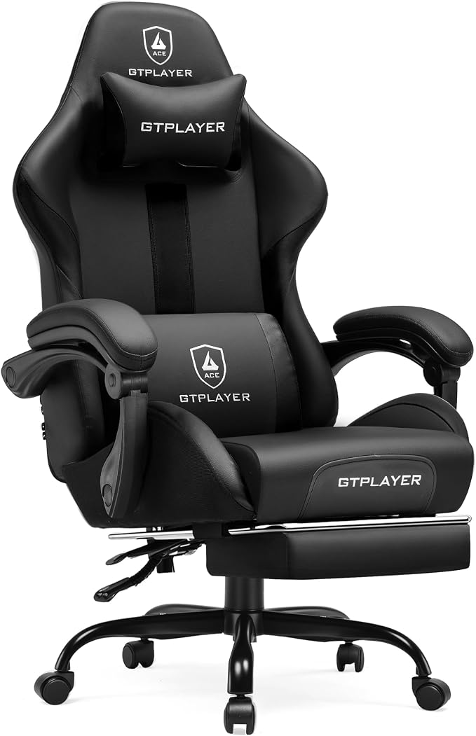 GTPLAYER Gaming Chair with Pocket Spring Cushion, Leather Office Chair with Ergonomic High Back & Lumbar Support for Back Pain Relief, Computer Game Chair for Adults, Black by GTPLAYER