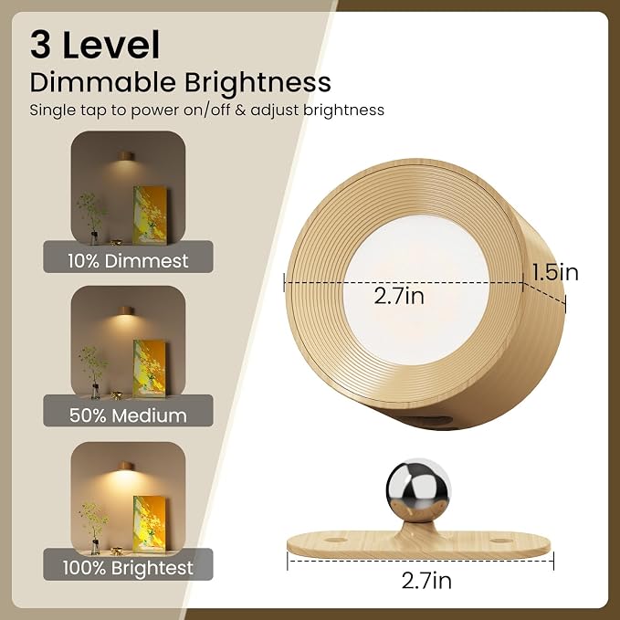 Koopala 2PACK LED Wall Lamps with Rechargeable Battery Operated, Wall Mounted Lights with 3 Brightness 3 Color Temp Removable Charging 360°Rotate Magnetic, Cordless Wall Sconces for Reading Bedside - Image 3