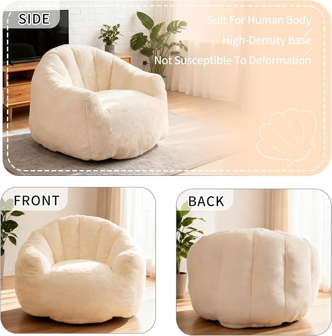 Giant Shell Bean Bag Chair for Adults, Faux Fur Shell-Shaped Floor Sofa with High-Density Memory Foam, Comfy Aesthetic Lounge Chair for Bedroom, Living Room, Gaming and Reading (Beige) - Image 4
