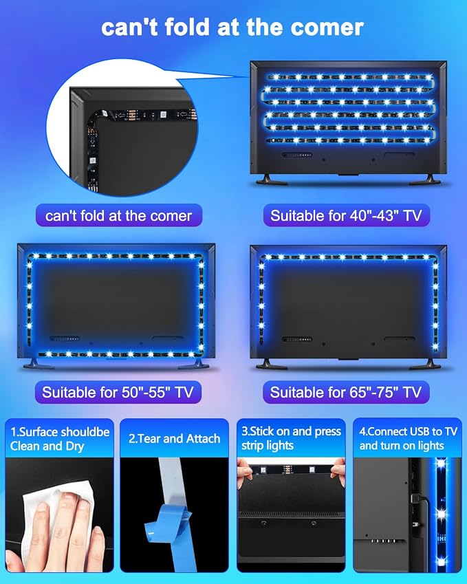 Daymeet LED Lights for TV 40-65 inch TV Behind Lighting, 13.1ft TV Led Backlight TV Led Light Strip, USB Powered RGB Lights Behind with Remote, Music Sync Bluetooth APP Control for Bedroom - Image 5