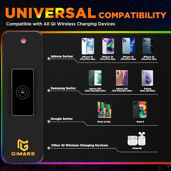 Gimars RGB Gaming Mouse Pad,15W Wireless Charging Mousepad with 10 Light Modes, Large Mousepad with Premium Smooth Surface, Non-Slip Mouse Mat for Gaming, Desk, PC,Office, 31.5x11.8x0.16inch - Image 6