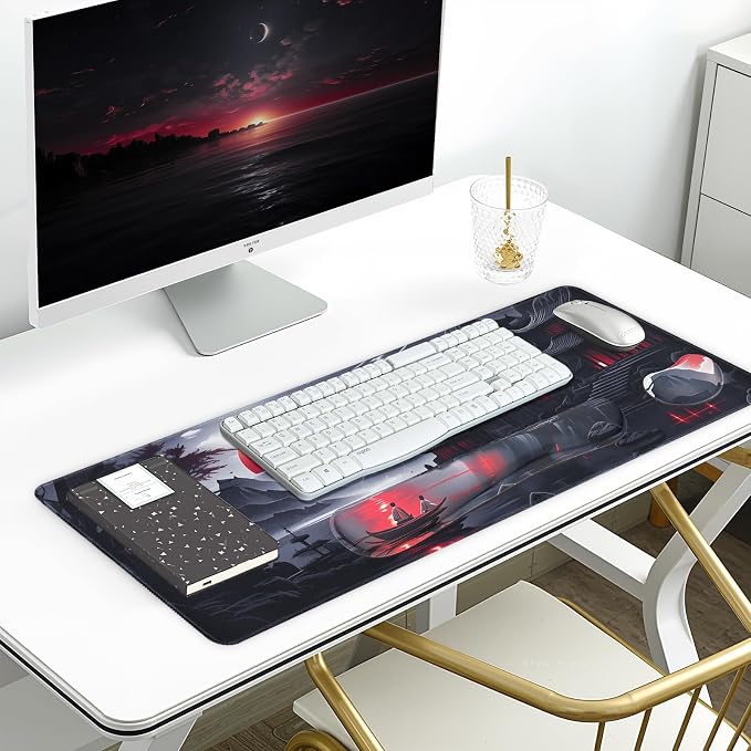 3-in-1 Large Gaming Mouse Pad, Anime Mouse Pad & Keyboard Wrist Rest Support, Memory Foam Ergonomic, Japanese Red Moon Desk Mat Set for Home Office Study Game, 31.5 X 11.8 Inch - Image 3