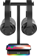 KAFRI RGB Dual Headphone Stand with Wireless Charger Desk Gaming Double Headset Holder Hanger Rack with 10W/7.5W QI Charging Pad - Suitable for Gamer Desktop Table Game Earphone by Unknown