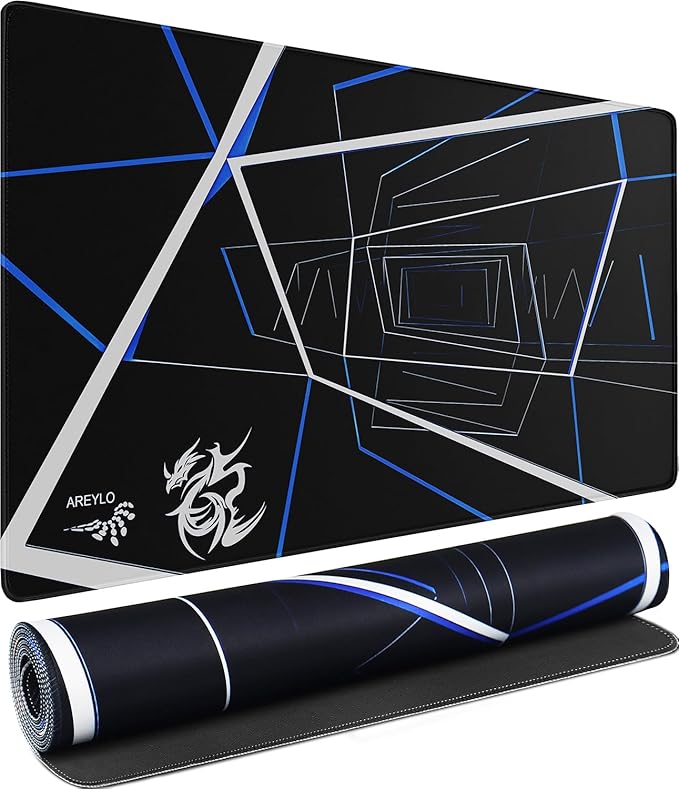 Gaming Mouse Pad Large, Waterproof Extra Large Mousepad with Stitched Edges, 31.5" x 15.7" Non-Slip Rubber Base Office Big Long Keyboard Pad for Office Gamer Home XXL, (Blue Square) by AREYLO