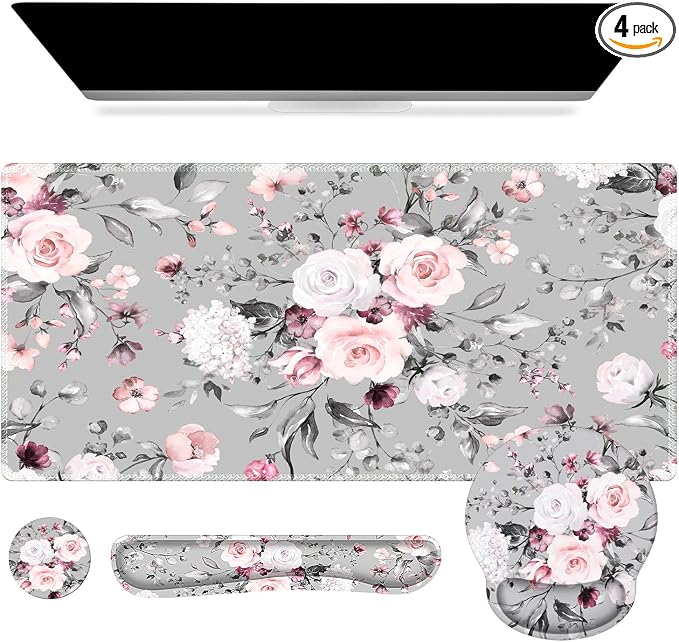 iCasso Desk Blotter for Workspace, Pink Floral 35.4"x15.7" Mousepad by iCasso