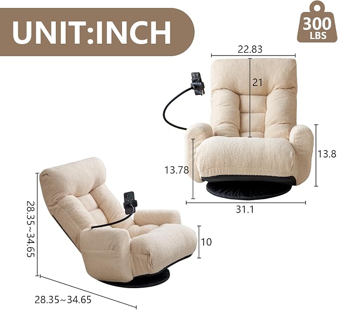 360° Swivel Gaming Floor Chair, 5 Position Adjustable Folding Sofa Chair with Armrests & Phone Holder, Cushion Padded Indoor Chaise Lounge for Adults, Home Office Floor Leisure Chairs, Beige - Image 2