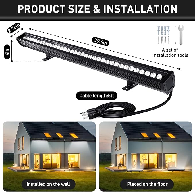 54W Outdoor Wall Washer Light Bars,6480 Lumen Super Bright 6000K Daylight White LED Wall Washer Light,IP67 Waterproof Heavy Duty Plug in LED Light Bars for Landscape Yard Building Lighting(40 Inch) - Image 3