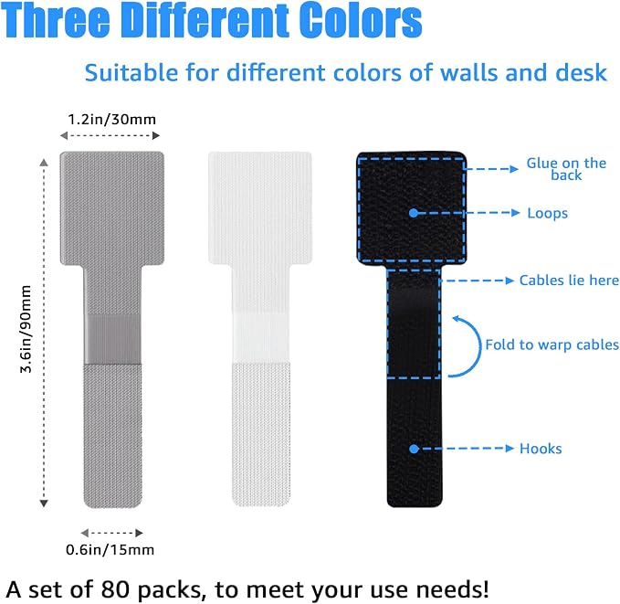 80PCS Hook and Loop Cable Ties, Under Desk Cable Management, Adhesive Cable Straps, Cord Management Hider Idea, Cord Organizer for Desk, Computer Accessories, Home Office Organization, Gray - Image 3