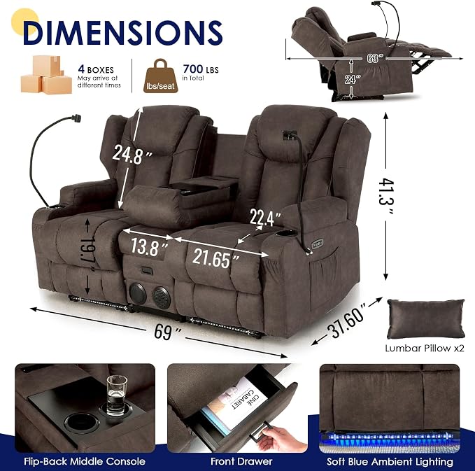 Redlife Power Loveseat Recliner Sofa with Console, Blue LED Lights - Image 3
