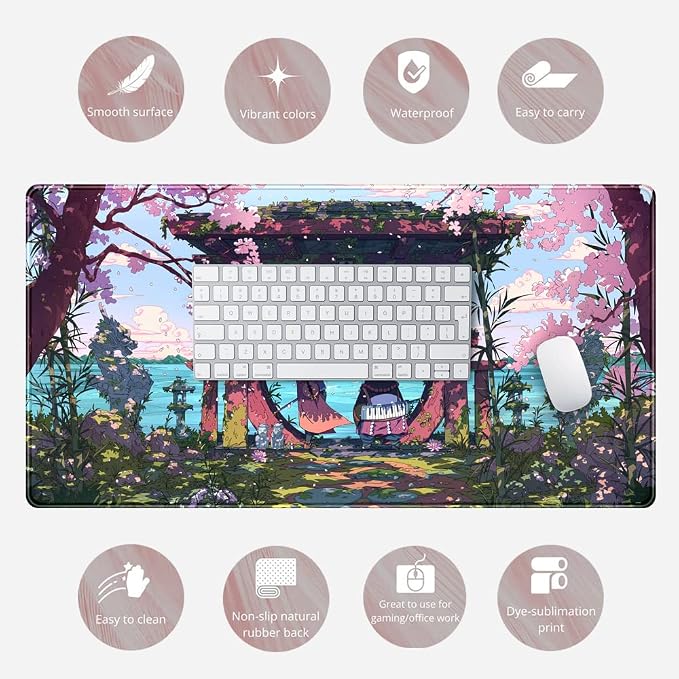 Pink Japan Desk Pad Anime Gaming Green Mouse Pad Large Mouse Pad For Desk Computer Pc Laptop Office Decor For Women, Anime Mouse Keyboard Pad Stitched Edges Non-Slip Rubber Mat Desk Pad (31.5x15.7 In) - Image 6