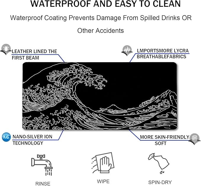 Large Gaming Mouse Pad, Waterproof Extra Large Big Mouse Pad with Stitched Edge, XXXL Non-Slip Black Computer Long Mousepad for Gamer, Office & Home, Wave Lines - Image 4