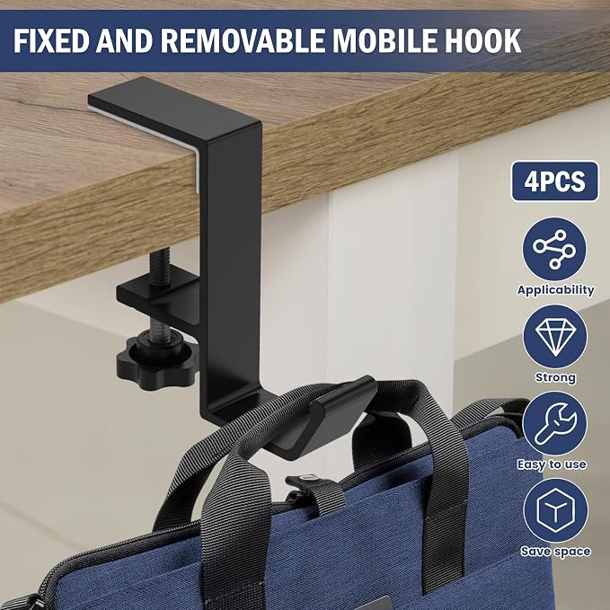 Clamp-On Under Desk Backpack Hanger, Clamp-On Under Desk Headphone Holder, Students' Desk Hook, with Adjustable Arm Clamp for Handbag and Purse Holder (Black) - Image 5