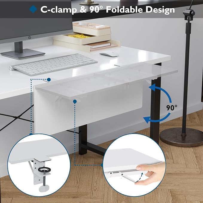 BONTEC Ergonomics Desk Extender Tray, 27.2 x 9.5 Inch, White | 90° Foldable Keyboard Tray Platform, Table Mount Arm Rest Shelf, Clamp on Computer Arm Rest for Office Use - Image 3