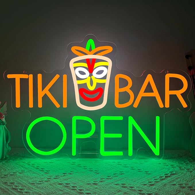 Tiki Bar Neon Sign, Tiki Bar Led Neon Light Signs for Wall Decor Open Hawaii Tropical Luau Aloha Party Outdoor Decorations for Pub Bistro Home Patios Man Cave Dimmable USB Powered Green(16.9"*11.4") by Unknown
