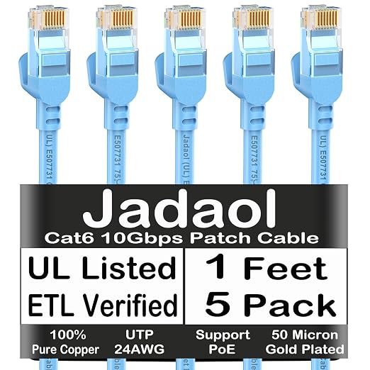 Jadaol [UL Listed Cat 6 Ethernet Cable 1 ft 5Pack 10Gbps 24AWG PoE++, Blue by Jadaol