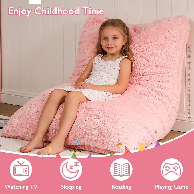 3 in 1 Kids Bean Bag Chair Bed, Kids Fluffy Stuffed Floor Pillow for Gaming and Reading, Ultra Soft Faux Fur Fabric Bean Bag Chairs to Lounger for Playroom, Living Room, Bedroom, Pink - Image 6