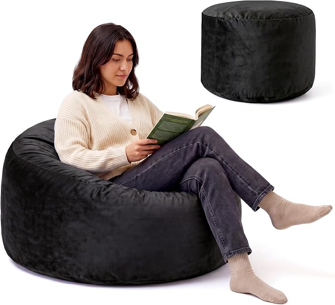 ACH Bean Bag Chair for Adults and Teens - 3ft Memory Foam Floor Chair, Perfect for Dorms, Gaming & Relaxing, Machine Washable Velvet Cover (Black-Medium) by ACH