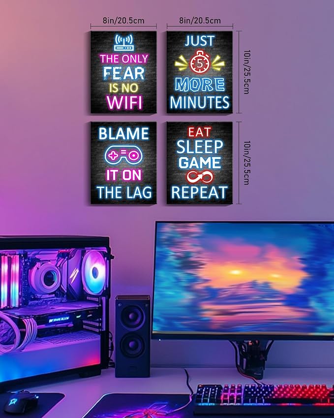 KUVIOKE Video Gamer Room Neon Decor for Teen Boys Gaming Wall Art Gamer Signs Teenage Bedroom Decor Set of 4, 8x10in (Framed) - Image 5