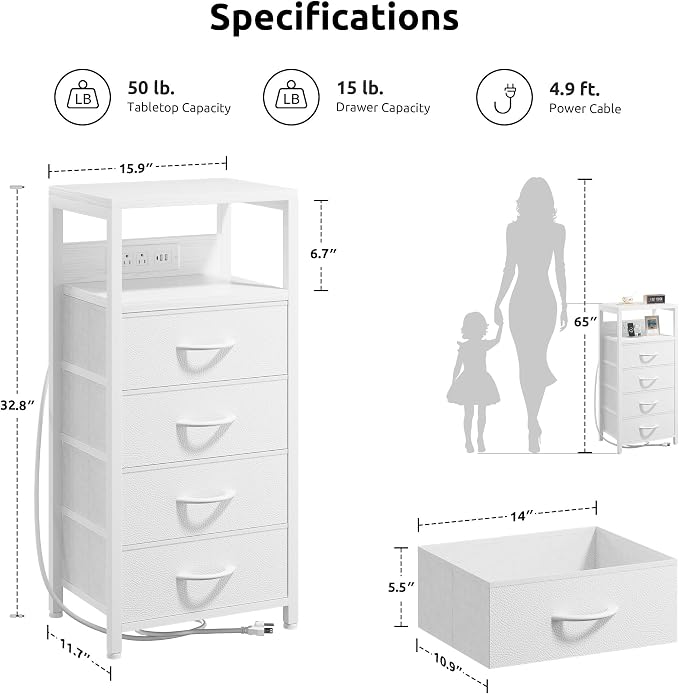 Lazzanto Night Stand with Charger Station, 4 Fabric Drawers, White - Image 2