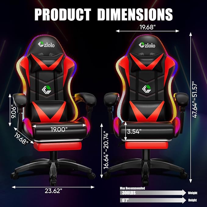 Czlolo Gaming Chair, Racing Style RGB LED Lights Gaming Chairs for Adults and Kids, Lumbar Massager Gamer Chair, High Back Reclining Computer Chair with Footrest and Headrest (Black/Red) - Image 3