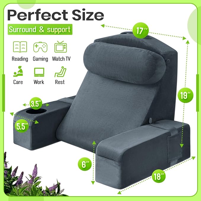 19 INCH Reading Pillow for Adults, Back Pillow for Bed Sitting Up, Backrest Pillow for Sitting in Bed, Detachable Arms with Built-in Cup & Phone Caddy (Dark Gray, 19 INCH) - Image 2