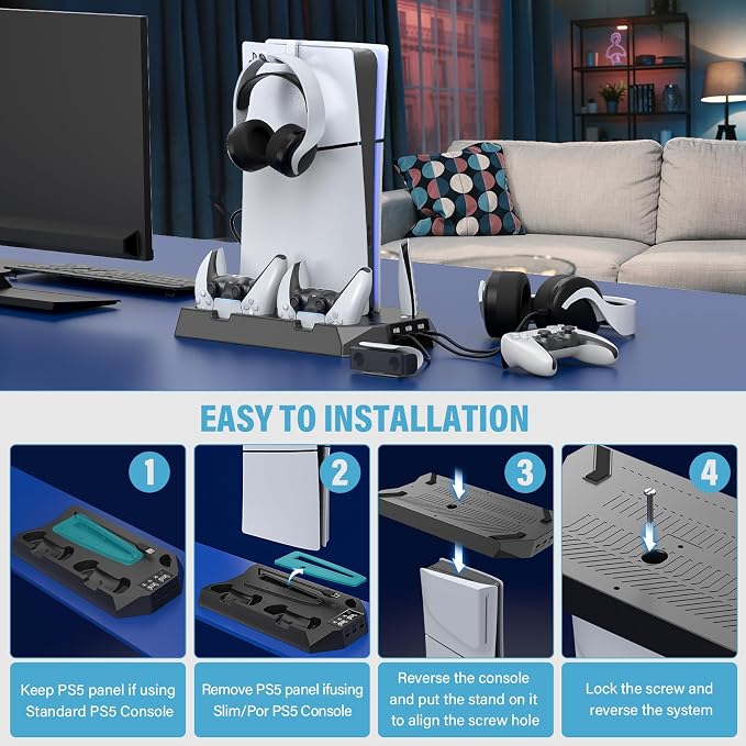 PS5 Slim Stand and Cooling Station with Controller Charging Station for Playsation 5 Slim&Standard Disc/Digital Console, PS5 Accessories Incl. Charger/Turbo Fan/3 USB Hub/Headset Holder - Black - Image 7