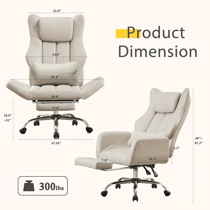 JOMEED Cross Legged Office Chair with Footrest,Flip Armrest,Beige | Big and Tall Executive,Ergonomic Design with Lumbar Pillow, 155° Reclining, PU Leather Wide Desk Chair for Home and Office - Image 2