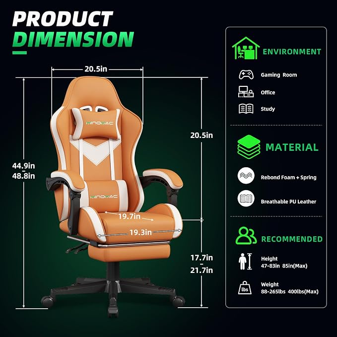 Gaming Chair Ergonomic Gamer Computer Office Chair,Footrest Lumbar Support | Reclining High Back, 400lbs Load, Pocket Spring Cushion, Adjustable Height, Linkage Armrests, 360° Swivel, Orange PU Leather - Image 3
