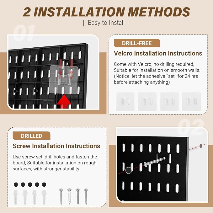 AKTOP Plastic Peg Board Wall Organizer 4-Pack, 12"x12" Pegboard Kit, Black | Includes 13 Accessories, Adhesive or Drill Mounting, Superior Load Capacity, Ideal for Office, Gaming Room, Craft Room - Image 7