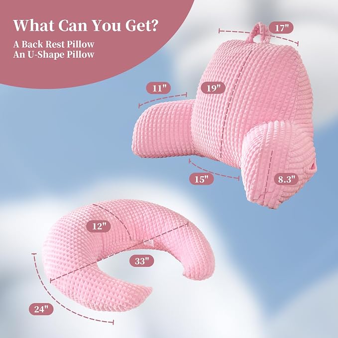 19" Reading Pillow for Bed,U Shaped Arm & Elbow Support,Pink Flannel | Backrest Supports Back,U shaped Lap Pillow Cushions Arms,Elbows & Wrists,Soft Flannel for Reading,Gaming,Watching TV - Image 3