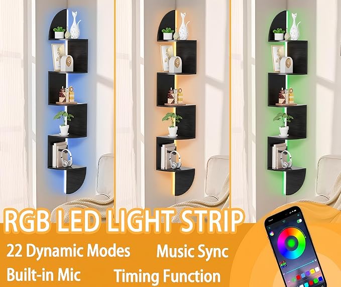 Waipfaru Corner Shelf, 5 Tier Bookshelf with LED Light, Corner Shelf Wall Mounted, Floating Shelves for Wall, Display Stand for Bedroom, Living Room, Bathroom, Home, Office, Black - Image 2