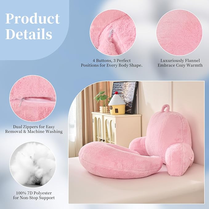 17" Reading Pillow for Bed,U Shaped Arm & Elbow Support,Pink Faux Fur | Backrest Supports Back,U Shaped Lap Pillow Cushions Arms,Elbows & Wrists,Plush Faux Fur for Reading,Gaming,Watching TV - Image 6