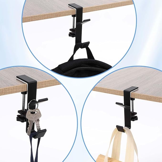 YUANQIAN Clamp-On Under Desk Headphone Holder Backpack Hook Students' Desk Hook with Adjustable Arm Clamp Women's Bag Handbag and Purse Holder -Suitable for Plate Between 1-5cm (3Pack Black, 3) - Image 4