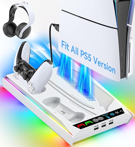 Rysker PS-5/Slim/Pro Cooling Station with Quiet Cooling Fan and Fast Controller Charger for Disc & Digital Console, PS-5 Accessories Incl. 3 USB Ports, Screw and Headset by Rysker