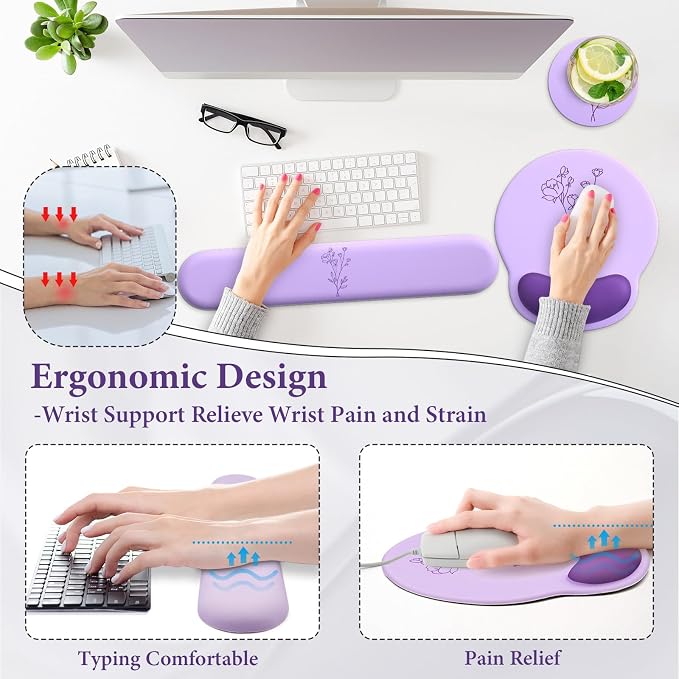 3 in 1 Ergonomic Mouse Pad and Keyboard Wrist Rest with Coaster Set-Purple - Image 2