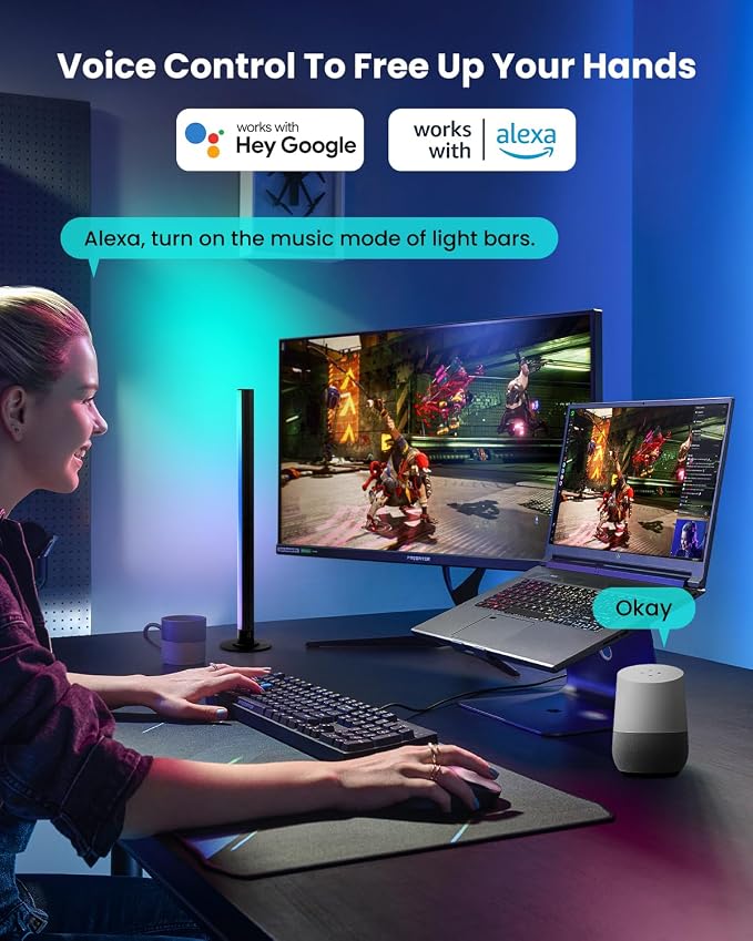 Smart RGB+IC LED Light Bars, 15 Inch Portable TV Backlight, Gaming Ambient Lighting, Color Changing Mood Light, APP Control, Voice Control, 44 Scene Mode, 16 Million Color, Music Sync, For TV, Monitor - Image 4