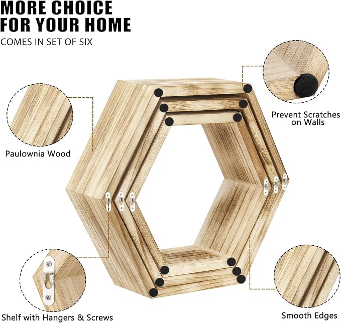 NOVIMANGO Hexagonal Floating Shelves Set of 6, Honeycomb Shelves - Image 6
