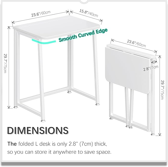 4NM 23.6" Mobile Small Folding Desk, Foldable Rolling Computer Home Office Desk, Study Writing Table for Small Space Saving Bedroom, with Wheels - All White - Image 2