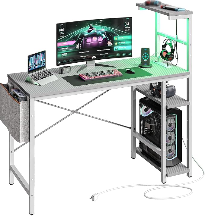 Bestier Gaming Desk with Power Outlets, 44 Inch Led Gamer Desk with 4 Tiers Reversible Shelves, PC Gaming Table with Headset Hook & Side Storage Bag for Bedroom (Grey 3D Carbon Fiber) - Image 8