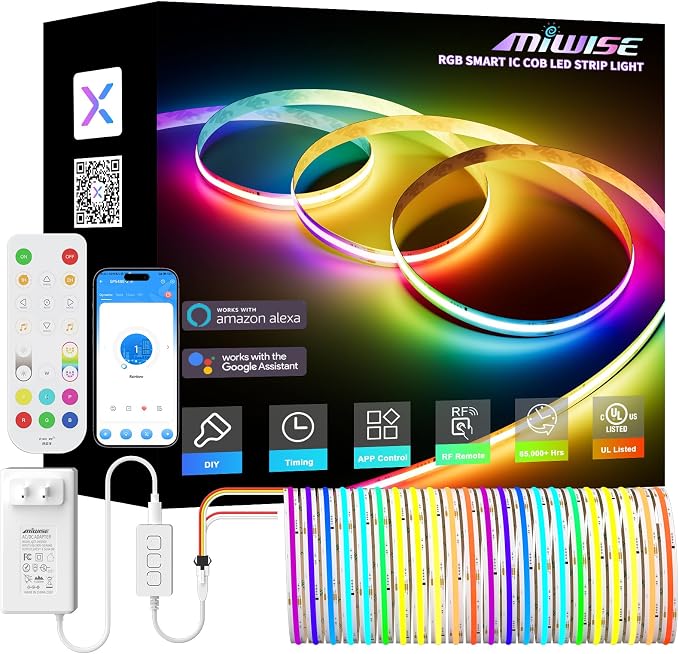 MIWISE RGB Smart IC COB LED Strip Light,32.8ft Color Chasing Flexible LED Tape Light,WS2811 Addressable RGB Strip with APP Control/Music Mode,Work with Alexa/Google,for Home DIY Lighting Projects by MIWISE