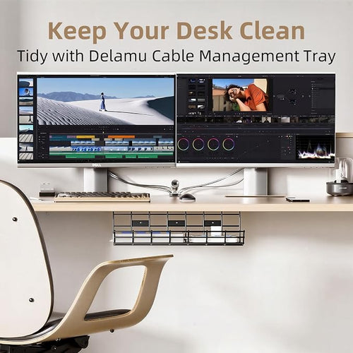 1 Pack DELAMU Under Desk Cable Management Tray, Large Metal Cord Organizer, Office & Home Cord Wire Management Under Desk Shelf, Easy Install Pre-drilled Cable Organizer, Black - Image 2
