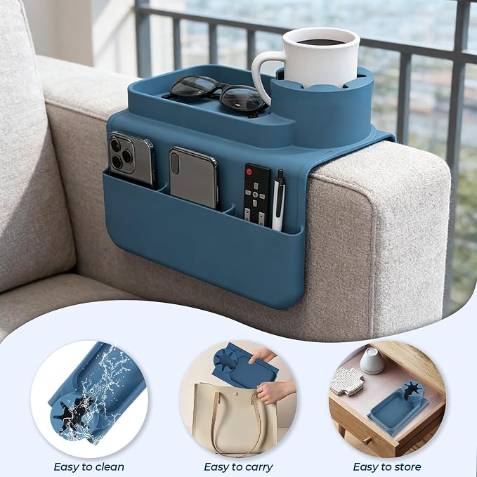 Silicone Couch Caddy Cup Holder Tray, 3-Side Sofa Armrest Organizer with Secure Gear-Shaped Locking Holder & Large Tablet Slot, Non-Slip Weighted Armchair Caddy, Couch Accessories (Blue) - Image 6