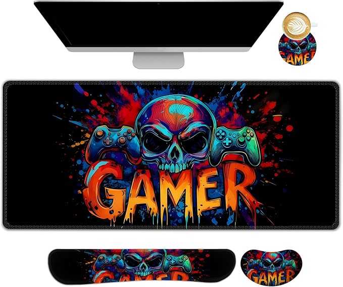 AIMSA Large Gaming Mouse Pad Set, Keyboard Wrist Rest Support + Extended Mouse Pad + Mouse Wrist Cushion + Coaster, Skull Gamer Ergonomic Memory Foam Multifunctional Desk Mat 35x15.7inch by AIMSA