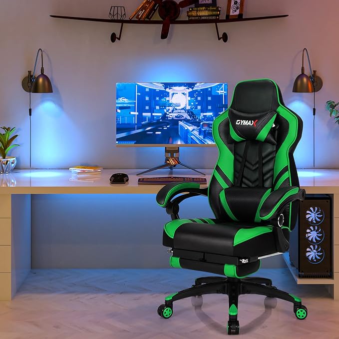 GYMAX Gaming Chair, Ergonomic Computer Chair with Footrest, Linkage Armrests & Lumbar Cushion, Big Wide High Back Video Gaming Chair, Reclining Office Rolling Chair for Adult/Teens (Green) - Image 8